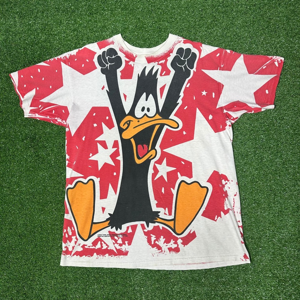 Vintage AOP 1992 Looney Tunes Daffy Duck All Over Print Shirt Stars Mens XL